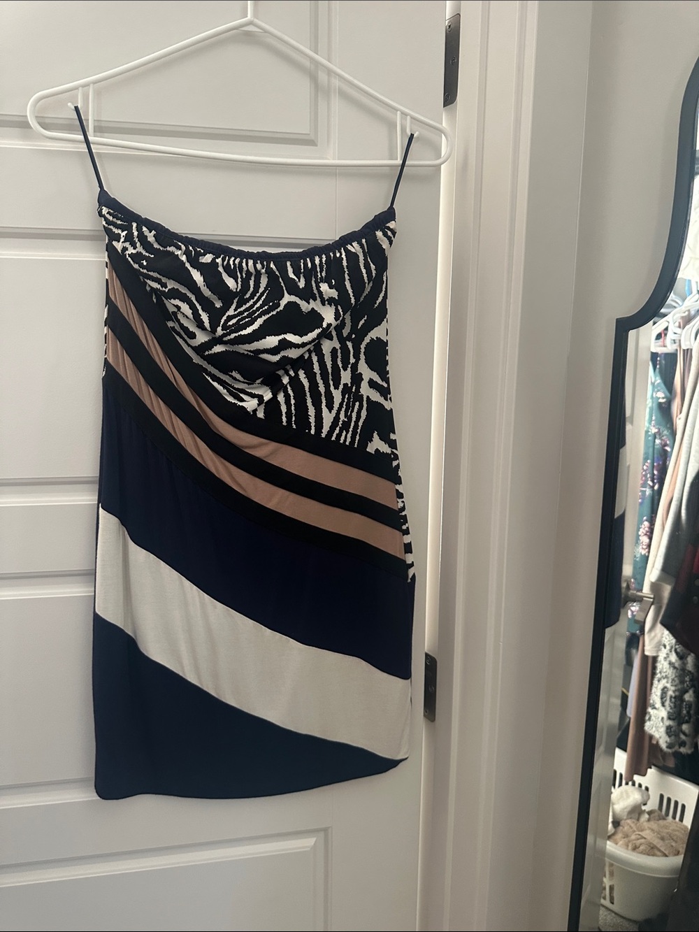 Navy, White & Tan Striped Zebra Print dress
